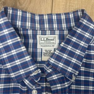 LL Bean Button Down Plaid Blue 100% Cotton Traditional Fit 17.5 *Flaw